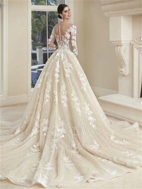 Simple Appliqued Wedding Dress Elegant Tulle Bridal Gown Long Sleeve
